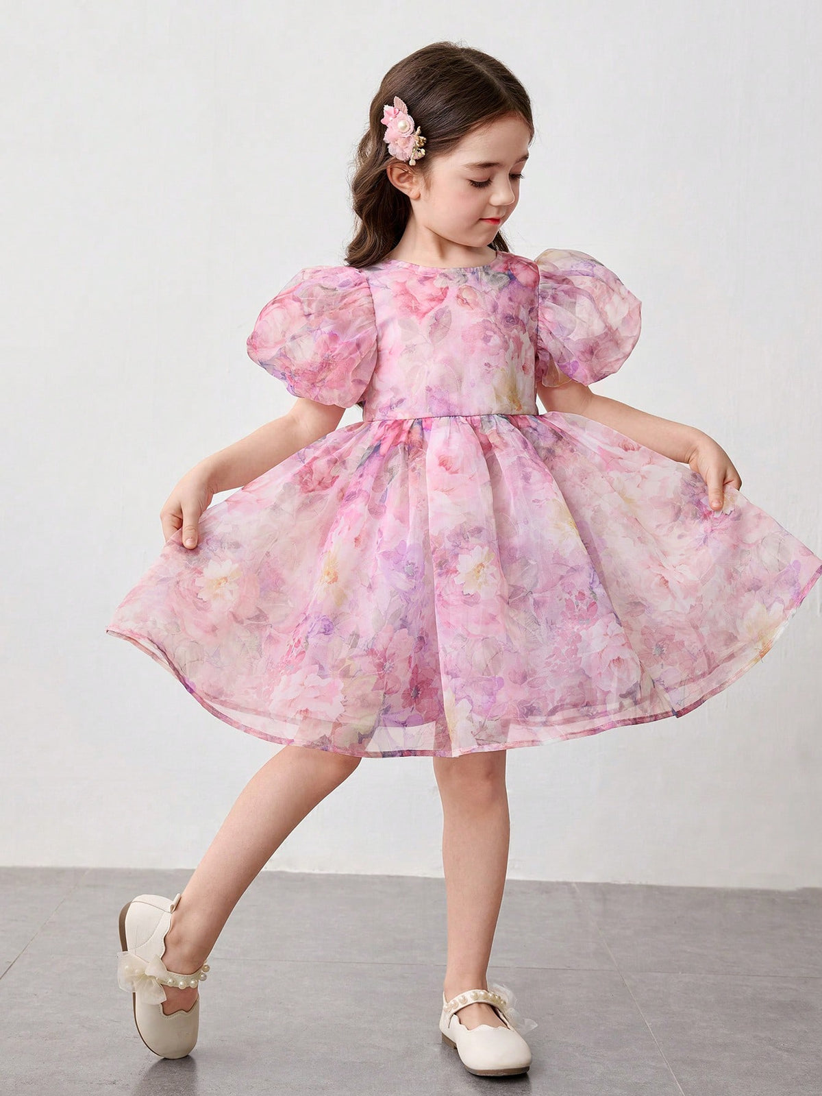 Young Girl Woven Mesh Puff Sleeve Fitted Casual Dress