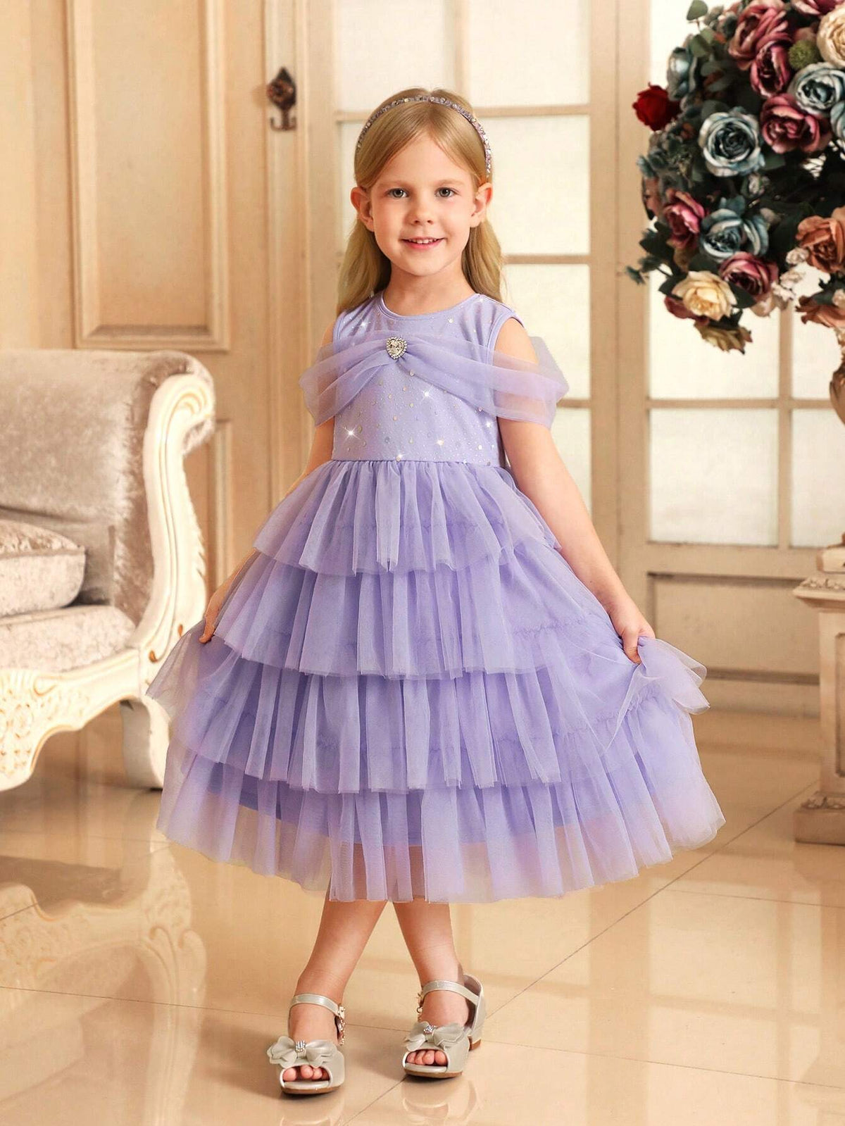Young Girl Woven Mesh Sleeveless Glitter Star Mesh Cake Skirt Fitted Elegant Dress
