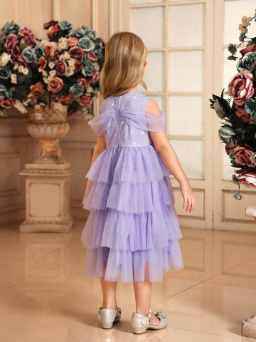 Young Girl Woven Mesh Sleeveless Glitter Star Mesh Cake Skirt Fitted Elegant Dress