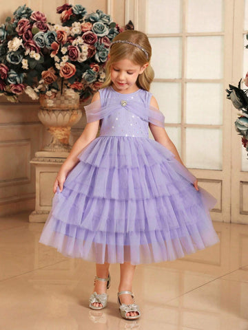 Young Girl Woven Mesh Sleeveless Glitter Star Mesh Cake Skirt Fitted Elegant Dress