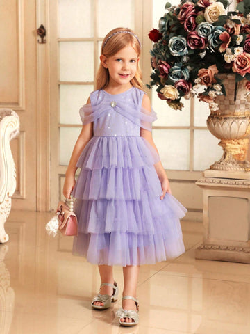 Young Girl Woven Mesh Sleeveless Glitter Star Mesh Cake Skirt Fitted Elegant Dress