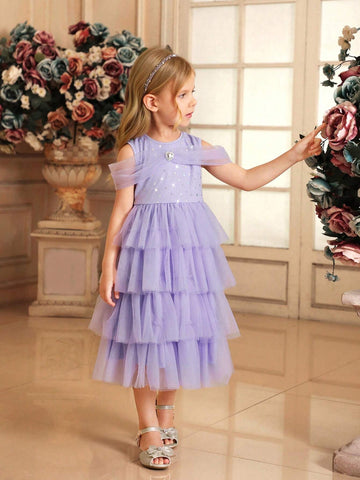 Young Girl Woven Mesh Sleeveless Glitter Star Mesh Cake Skirt Fitted Elegant Dress