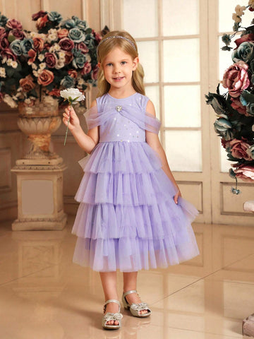 Young Girl Woven Mesh Sleeveless Glitter Star Mesh Cake Skirt Fitted Elegant Dress