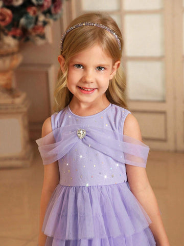 Young Girl Woven Mesh Sleeveless Glitter Star Mesh Cake Skirt Fitted Elegant Dress