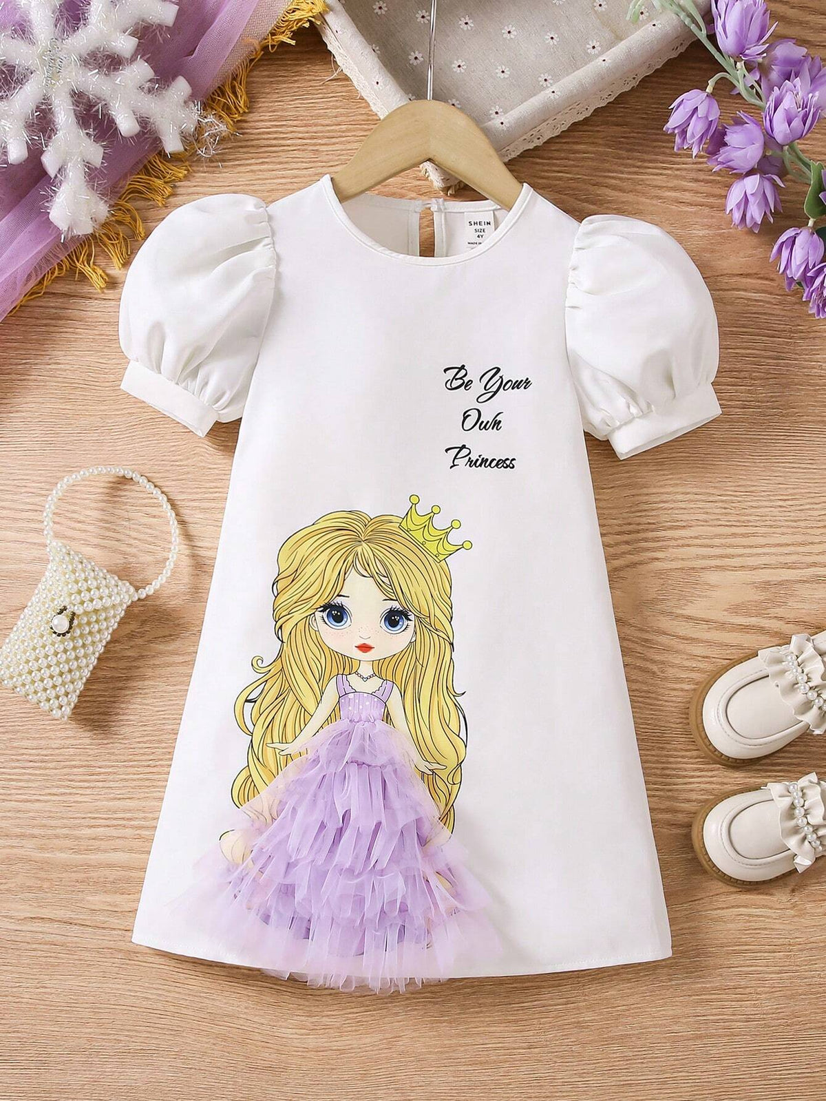 Young Girl Woven Net Color Block Dress With Cute Girl Pattern And Puff Sleeves