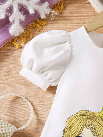 Young Girl Woven Net Color Block Dress With Cute Girl Pattern And Puff Sleeves