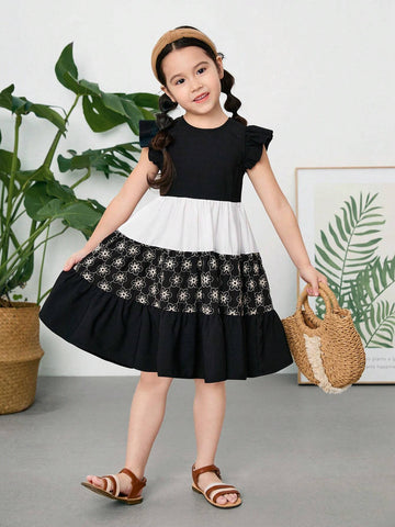 Young Girl Woven Net Colorblock Lace Combination Casual Dress