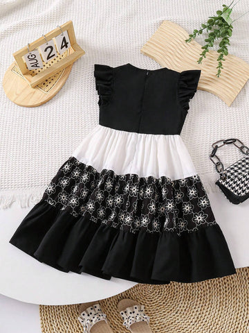 Young Girl Woven Net Colorblock Lace Combination Casual Dress