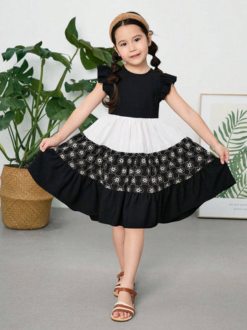 Young Girl Woven Net Colorblock Lace Combination Casual Dress