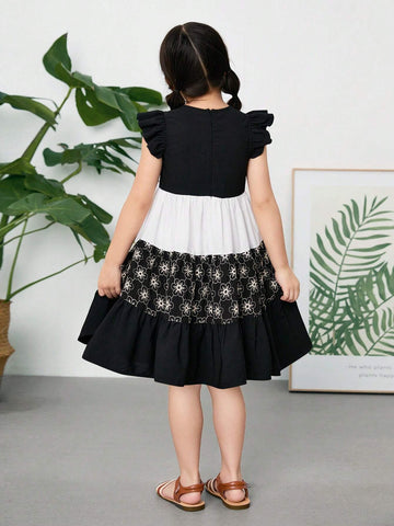 Young Girl Woven Net Colorblock Lace Combination Casual Dress