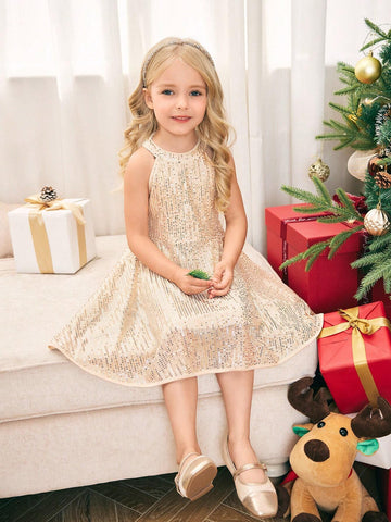 Young Girl Woven Net Fabric Beaded Sleeveless Fitted Casual Dress