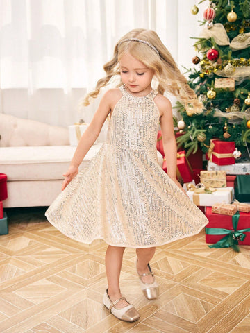 Young Girl Woven Net Fabric Beaded Sleeveless Fitted Casual Dress