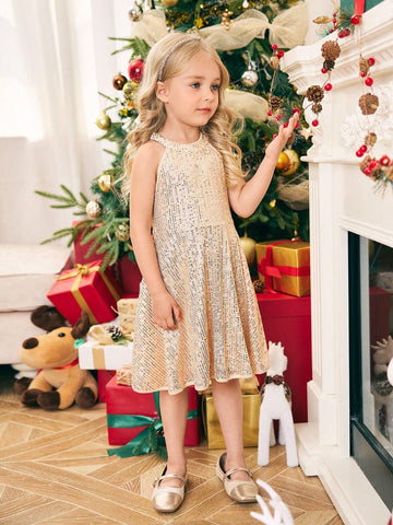 Young Girl Woven Net Fabric Beaded Sleeveless Fitted Casual Dress