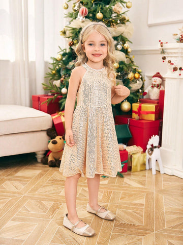 Young Girl Woven Net Fabric Beaded Sleeveless Fitted Casual Dress