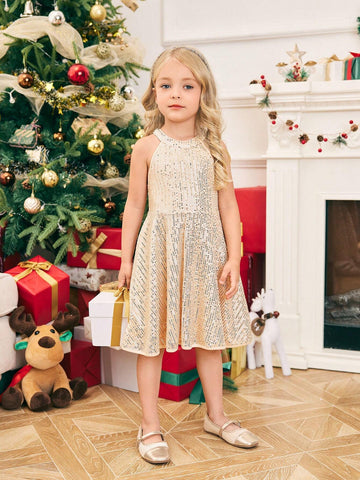 Young Girl Woven Net Fabric Beaded Sleeveless Fitted Casual Dress
