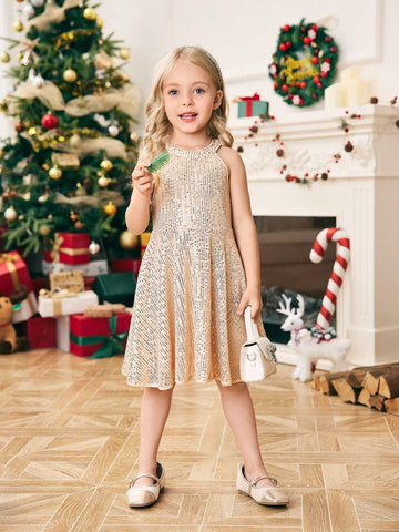 Young Girl Woven Net Fabric Beaded Sleeveless Fitted Casual Dress