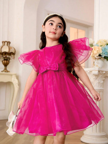 Young Girl Woven Net Solid Color Elegant Organza Short Sleeve Party Dress With Bowknot And Waist-Cinching Design