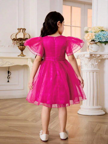 Young Girl Woven Net Solid Color Elegant Organza Short Sleeve Party Dress With Bowknot And Waist-Cinching Design