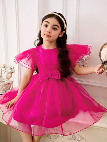 Young Girl Woven Net Solid Color Elegant Organza Short Sleeve Party Dress With Bowknot And Waist-Cinching Design
