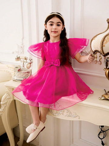 Young Girl Woven Net Solid Color Elegant Organza Short Sleeve Party Dress With Bowknot And Waist-Cinching Design