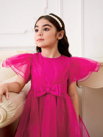 Young Girl Woven Net Solid Color Elegant Organza Short Sleeve Party Dress With Bowknot And Waist-Cinching Design