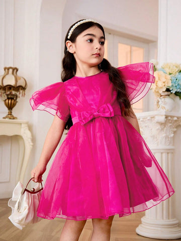 Young Girl Woven Net Solid Color Elegant Organza Short Sleeve Party Dress With Bowknot And Waist-Cinching Design