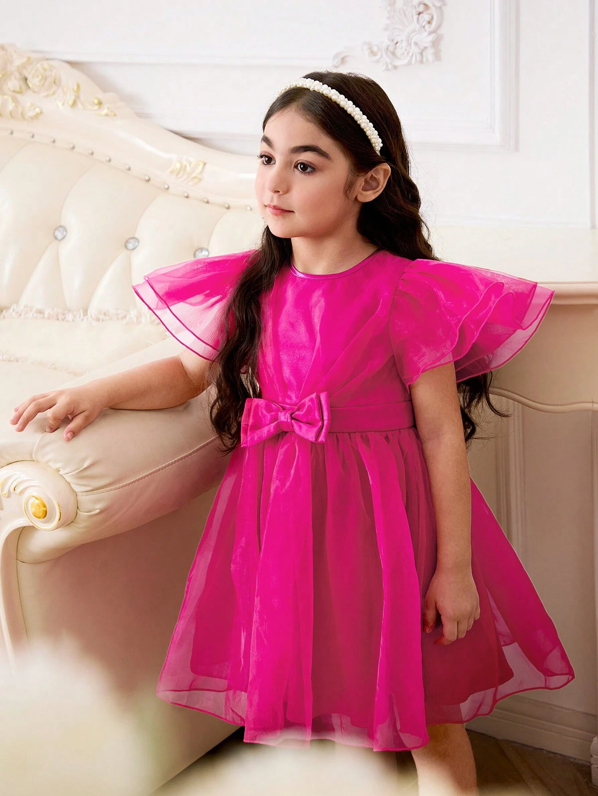 Young Girl Woven Net Solid Color Elegant Organza Short Sleeve Party Dress With Bowknot And Waist-Cinching Design