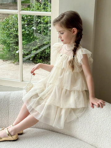 Young Girl Woven Net Yarn Ruffled Trim Tight Casual Dress