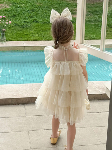 Young Girl Woven Net Yarn Ruffled Trim Tight Casual Dress
