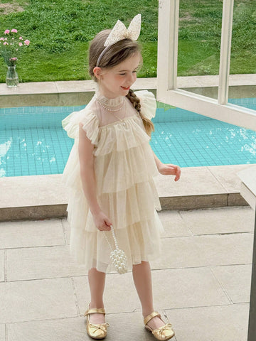 Young Girl Woven Net Yarn Ruffled Trim Tight Casual Dress