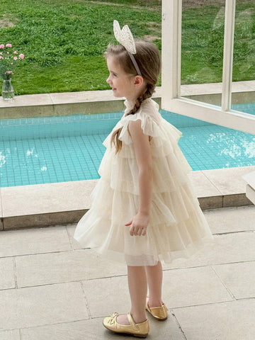 Young Girl Woven Net Yarn Ruffled Trim Tight Casual Dress