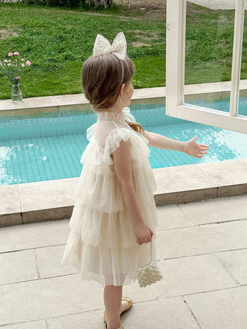 Young Girl Woven Net Yarn Ruffled Trim Tight Casual Dress