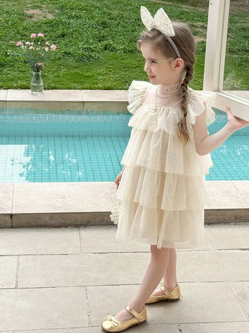 Young Girl Woven Net Yarn Ruffled Trim Tight Casual Dress