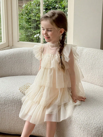 Young Girl Woven Net Yarn Ruffled Trim Tight Casual Dress