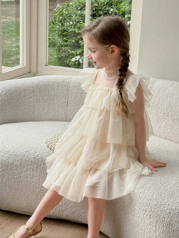 Young Girl Woven Net Yarn Ruffled Trim Tight Casual Dress