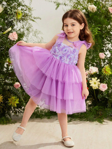 Young Girl Woven Patchwork Mesh Bow Detail Knot Combination Dress