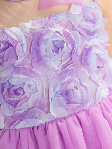 Young Girl Woven Patchwork Mesh Bow Detail Knot Combination Dress