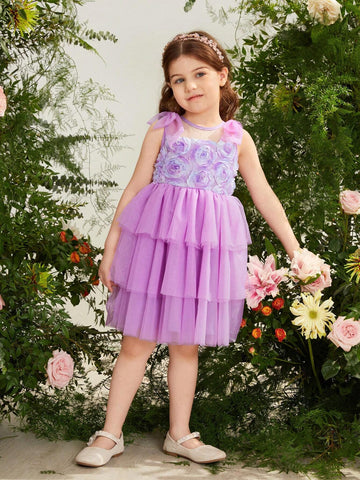 Young Girl Woven Patchwork Mesh Bow Detail Knot Combination Dress