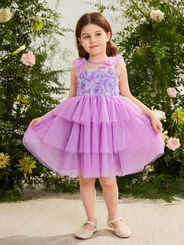 Young Girl Woven Patchwork Mesh Bow Detail Knot Combination Dress