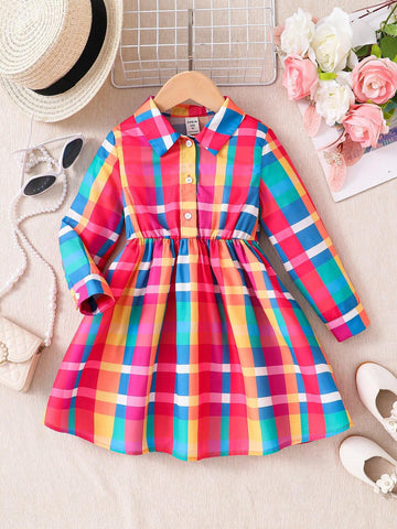 Young Girl Woven Plaid Collared Ruffle Hem Loose Casual Dress