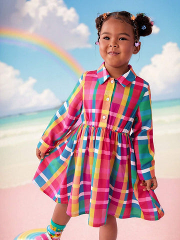 Young Girl Woven Plaid Collared Ruffle Hem Loose Casual Dress