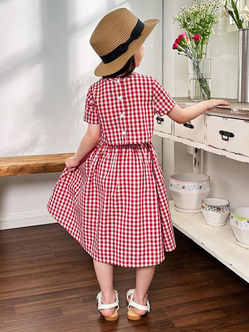 Young Girl Woven Plaid Round Neck One-Piece Casual Dress