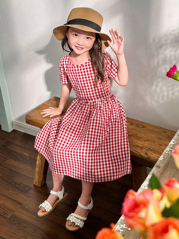 Young Girl Woven Plaid Round Neck One-Piece Casual Dress