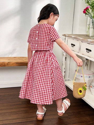 Young Girl Woven Plaid Round Neck One-Piece Casual Dress