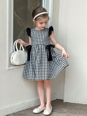 Young Girl Woven Plaid Round Neck Ruffle Hem Casual Dress