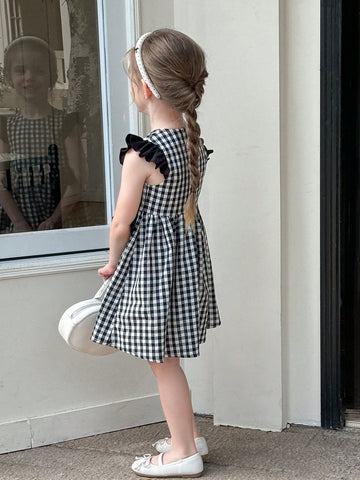 Young Girl Woven Plaid Round Neck Ruffle Hem Casual Dress