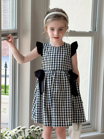 Young Girl Woven Plaid Round Neck Ruffle Hem Casual Dress