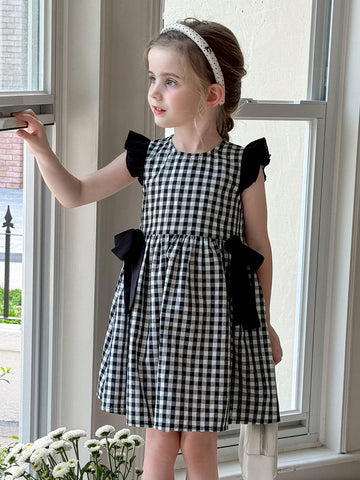 Young Girl Woven Plaid Round Neck Ruffle Hem Casual Dress