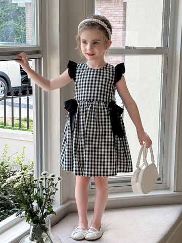 Young Girl Woven Plaid Round Neck Ruffle Hem Casual Dress