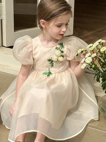Young Girl Woven Plain Bubble Sleeve Fitted Elegant Dress